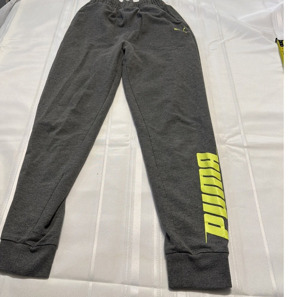 Puma Boys Large 14-16 Joggers Gray Neon Yellow Logo Sweatpants Athletic Pants